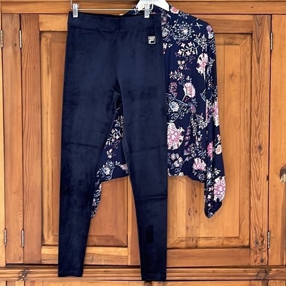 Fila Sport Luxe Navy Blue High Waisted Velvet/Velour Leggings Sz. L - Picture 1 of 16